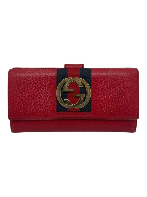 Gucci Red, Navy, Gold Leather Logo Gucci Web Snap Closure Folding Wallets Red, Navy, Gold