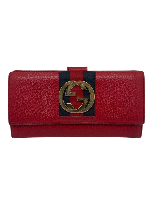 Gucci Red, Navy, Gold Leather Logo Gucci Web Snap Closure Folding Wallets Red, Navy, Gold