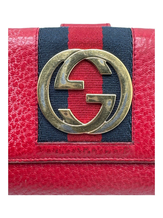 Gucci Red, Navy, Gold Leather Logo Gucci Web Snap Closure Folding Wallets Red, Navy, Gold
