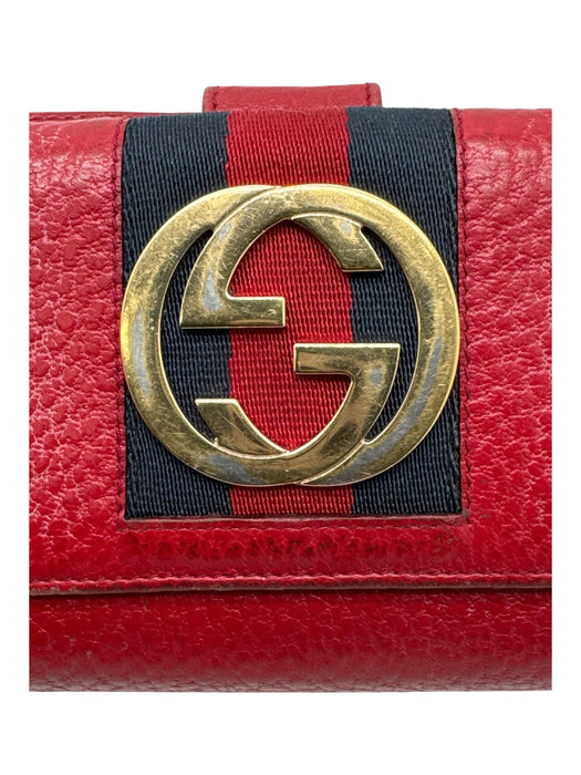 Gucci Red, Navy, Gold Leather Logo Gucci Web Snap Closure Folding Wallets Red, Navy, Gold