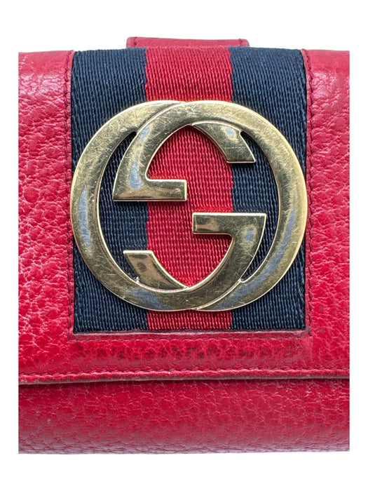 Gucci Red, Navy, Gold Leather Logo Gucci Web Snap Closure Folding Wallets Red, Navy, Gold