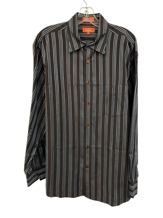 Facconable Size L Brown & Blue Cotton Striped Button up Men's Long Sleeve Shirt Brown & Blue / L
