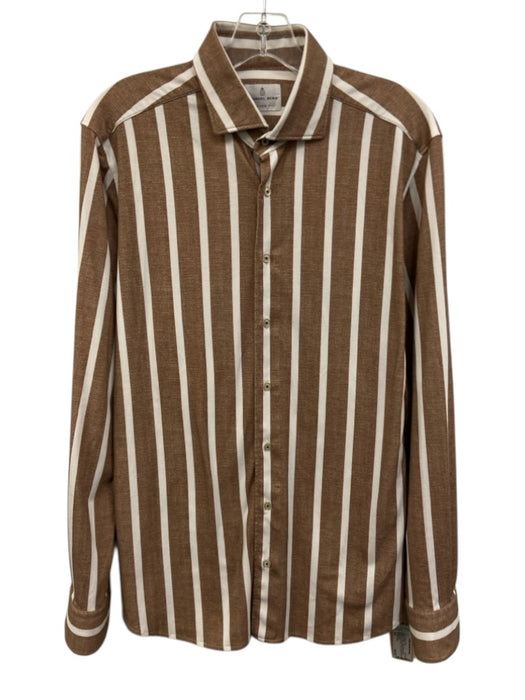 Emanuel Berg Size M/L Brown & White Cotton Blend Striped Men's Long Sleeve Shirt Brown & White / M/L