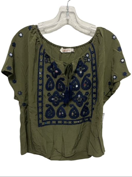 Tory Burch Size 8 Olive Green & Navy Silk Embroidered Tie Neck Tassel Detail Top Olive Green & Navy / 8