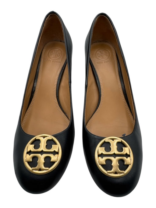 Tory Burch Shoe Size 7 Black Leather Upper Wedge Gold Tone Logo Round Toe Pumps Black / 7