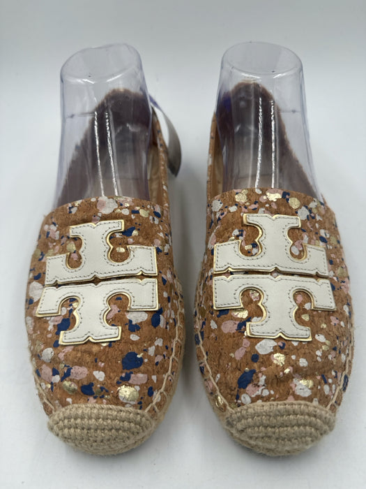 Tory Burch Shoe Size 9 Brown, white & blue Cork Leather Logo Slip On Espadrille