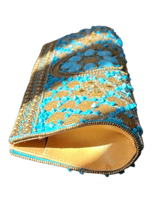 Bougainvillea Gold & Blue Beaded Clutch Snap Closure No Strap Bag Gold & Blue / S/XS