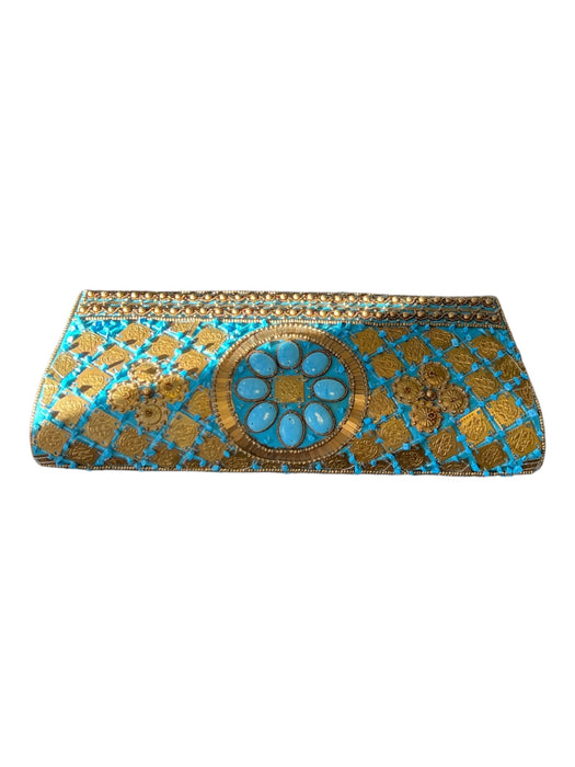 Bougainvillea Gold & Blue Beaded Clutch Snap Closure No Strap Bag Gold & Blue / S/XS