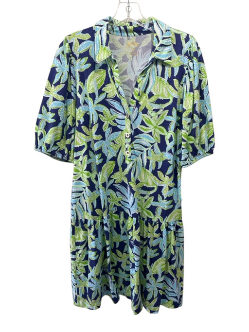 Lilly Pulitzer Size M Navy, Green, Blue Polyester Buttons Floral Dress Navy, Green, Blue / M
