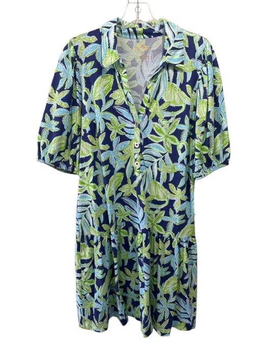 Lilly Pulitzer Size M Navy, Green, Blue Polyester Buttons Floral Dress Navy, Green, Blue / M