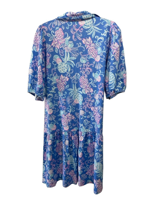 Lilly Pulitzer Size M Blue & Pink Polyester Buttons Floral Short Sleeve Dress Blue & Pink / M