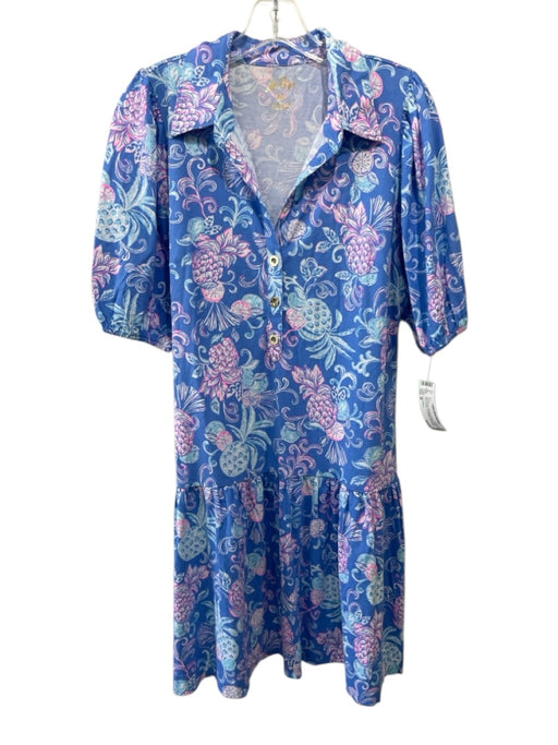 Lilly Pulitzer Size M Blue & Pink Polyester Buttons Floral Short Sleeve Dress Blue & Pink / M