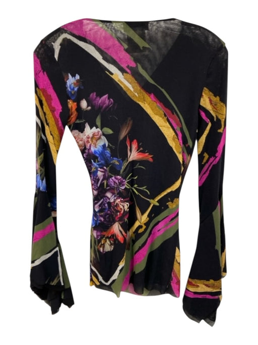 Fuzzi Size L Black, Pink, Multi Polyamide Mesh Floral Print V Neck Top Black, Pink, Multi / L