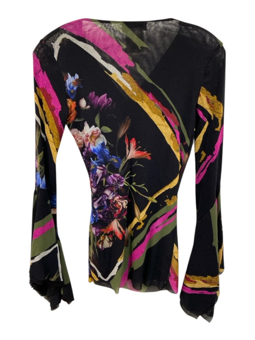 Fuzzi Size L Black, Pink, Multi Polyamide Mesh Floral Print V Neck Top Black, Pink, Multi / L