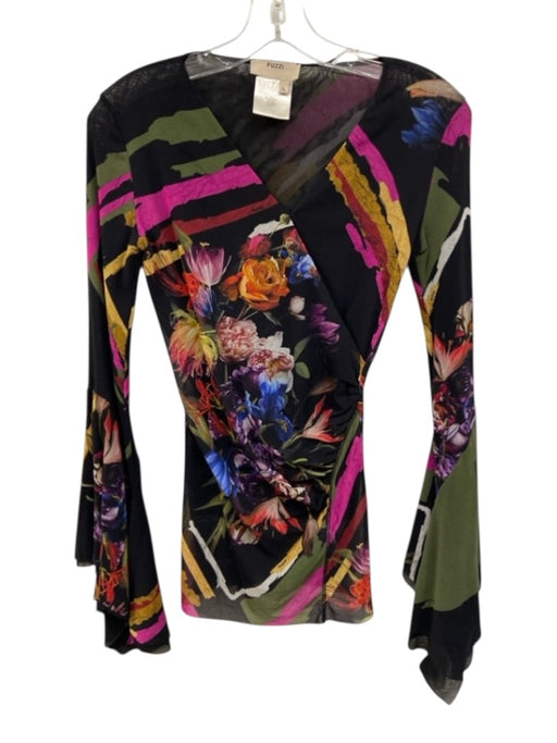 Fuzzi Size L Black, Pink, Multi Polyamide Mesh Floral Print V Neck Top Black, Pink, Multi / L