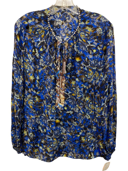 Kobi Halperin Size L Blue, Black, Yellow Silk & Viscose Long Sleeve V Neck Top Blue, Black, Yellow / L