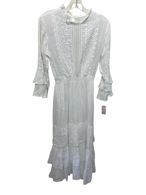 Temptation Positano Size XS White Linen Long Sleeve Floral Smocked Waist Dress White / XS