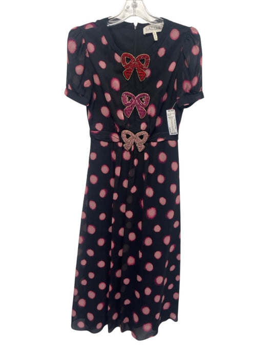 Saloni Size 0 Black, Pink & Red Silk Dotted Short Sleeve Bow Applique Dress Black, Pink & Red / 0