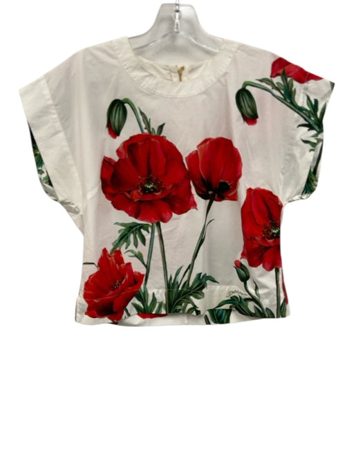 Dolce & Gabbana Size 38 White, Red & Green Cotton Floral Cap Sleeve Back Zip Top White, Red & Green / 38