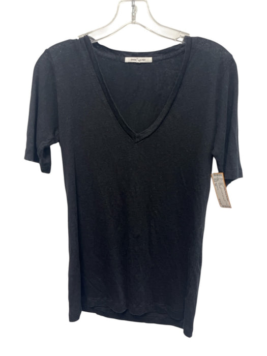 Emerson Fry Size XS Black Linen V Neck Short Sleeve Top Black / XS