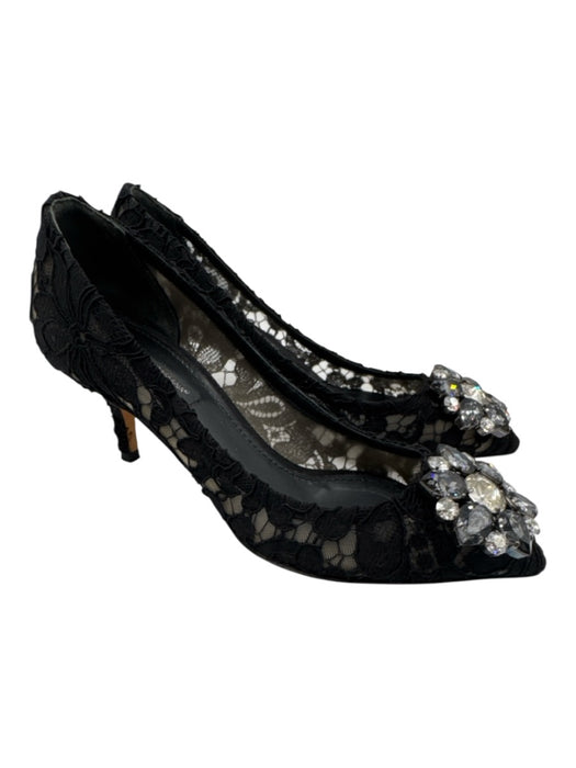 Dolce & Gabbana Shoe Size 35 Black Leather Pointed Toe Lace Kitten Heel Pumps Black / 35