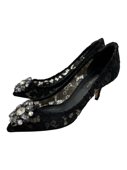 Dolce & Gabbana Shoe Size 35 Black Leather Pointed Toe Lace Kitten Heel Pumps Black / 35