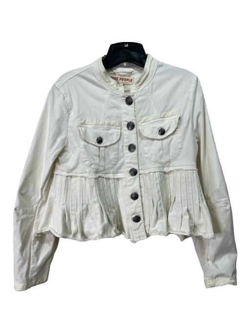 Free People Size S White Cotton Denim Button Front Pleated Long Sleeve Jacket White / S
