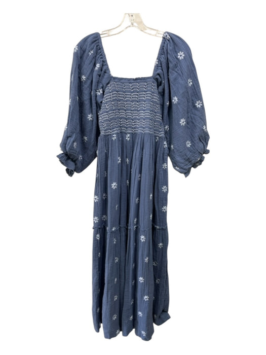 Free People Size S Blue Cotton Long Sleeve Embroidered Smocked Bodice Dress Blue / S