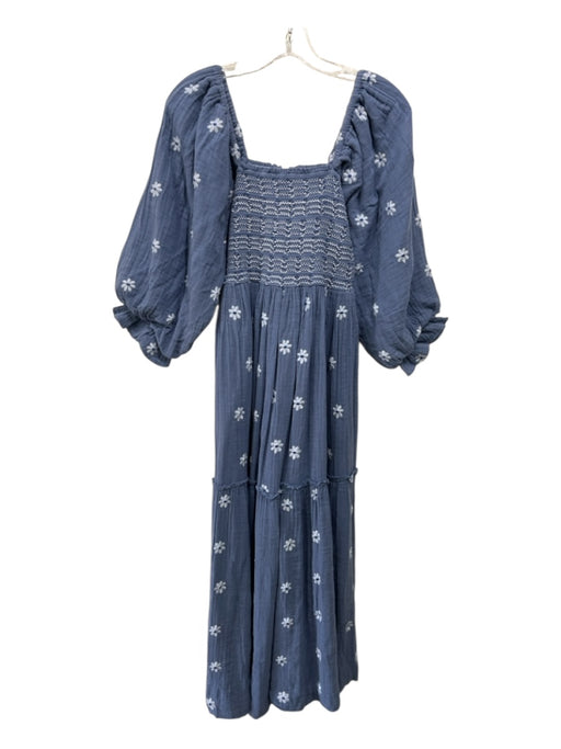 Free People Size S Blue Cotton Long Sleeve Embroidered Smocked Bodice Dress Blue / S