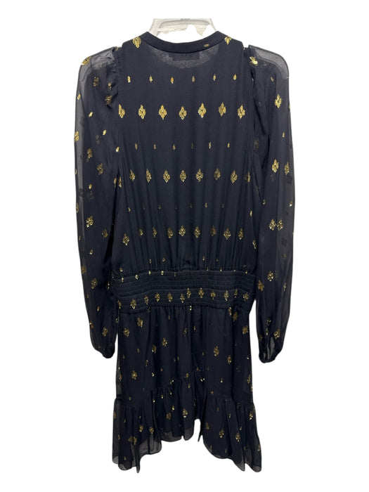 A.L.C. Size 10 Black & Gold Silk Clover Metallic Thread Sheer Long Sleeve Dress Black & Gold / 10