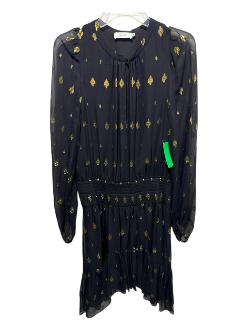 A.L.C. Size 10 Black & Gold Silk Clover Metallic Thread Sheer Long Sleeve Dress Black & Gold / 10