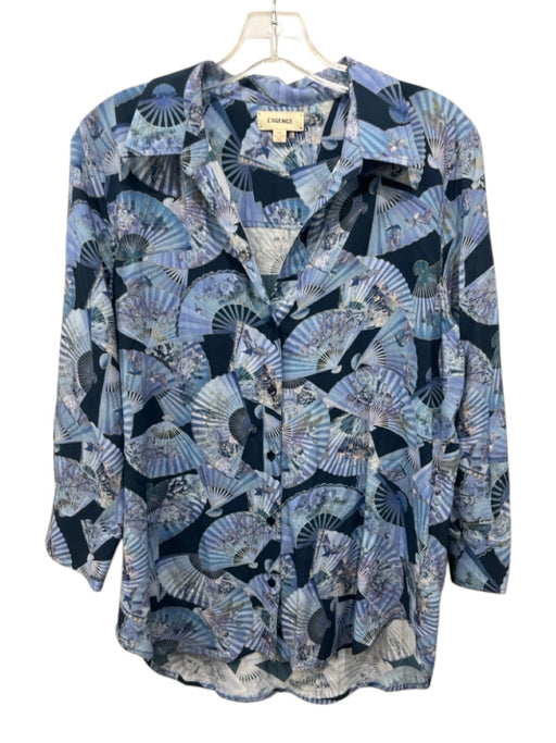L'agence Size M Mixed Blues Viscose Fan Print 3/4 Sleeve Button Up Shirt Top Mixed Blues / M