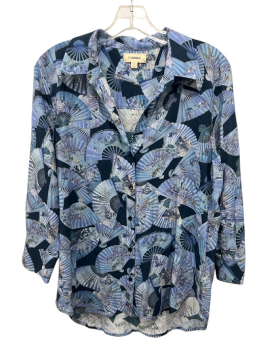 L'agence Size M Mixed Blues Viscose Fan Print 3/4 Sleeve Button Up Shirt Top Mixed Blues / M