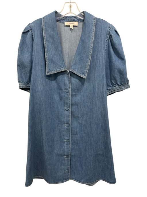Frame Size M Medium Wash Cotton Short Puff Sleeve Button Front Chambray Dress Medium Wash / M
