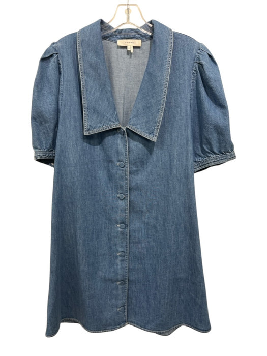 Frame Size M Medium Wash Cotton Short Puff Sleeve Button Front Chambray Dress Medium Wash / M