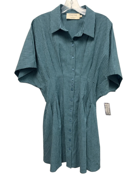 Exquise Size Large Blue & Green Cotton Blend Short Sleeve Gingham Pleated Dress Blue & Green / Large