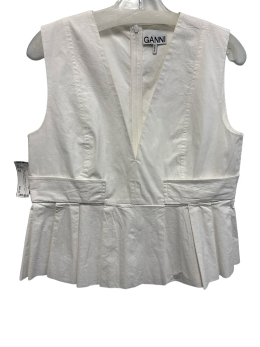 Ganni Size 40 White Cotton Sleeveless Split Neck Back Zip Pleats Top White / 40