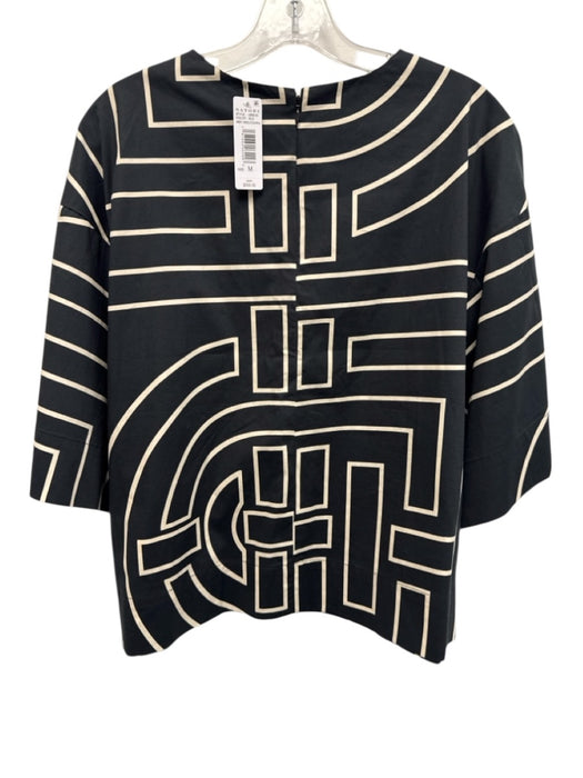 Natori Size M Black & White Cotton 1/2 Sleeve Stripes Back Zip Top Black & White / M