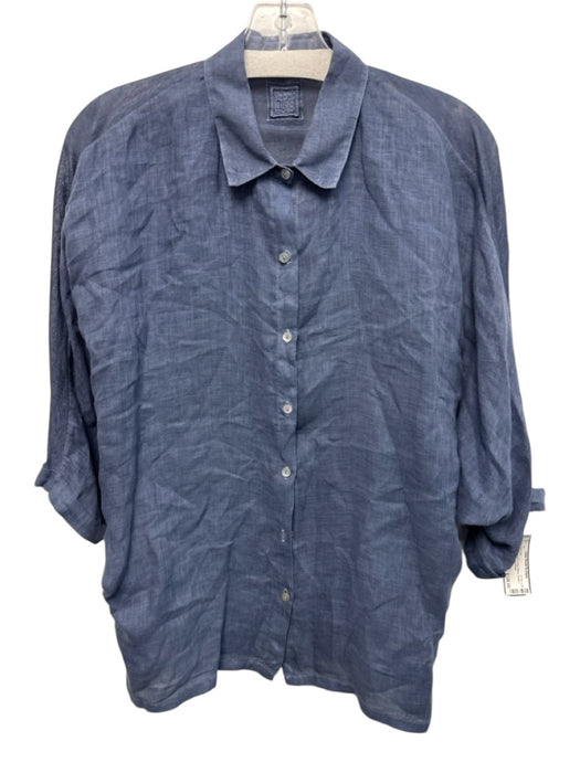 120% Lino Size S Dark Blue Linen Long Sleeve Button Front Mid Rise Pants Set Dark Blue / S