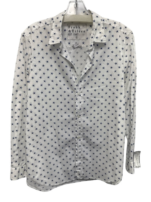 Frank & Eileen Size L White & Blue Cotton Stars Button Front Long Sleeve Top White & Blue / L