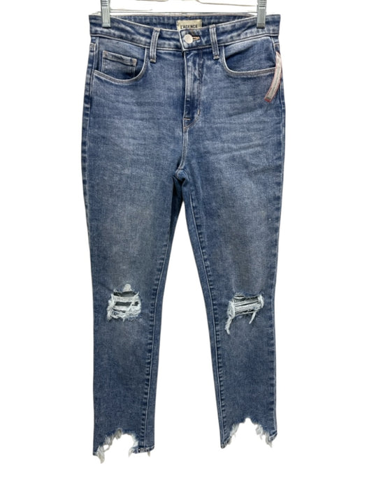 L'agence Size 25 Med Wash Cotton Denim Whiskering Ripped Knee Ripped Hem Skirt Med Wash / 25