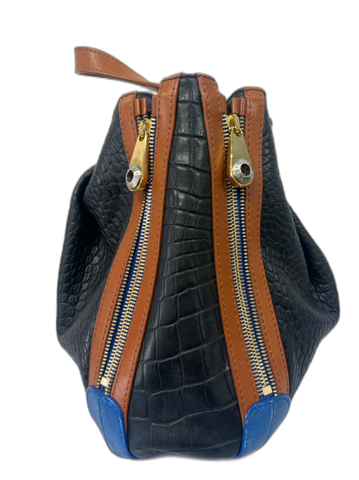 Henri Bendel Black, Brown & Blue Leather Croc Embossed Double Handle Bag Black, Brown & Blue / M