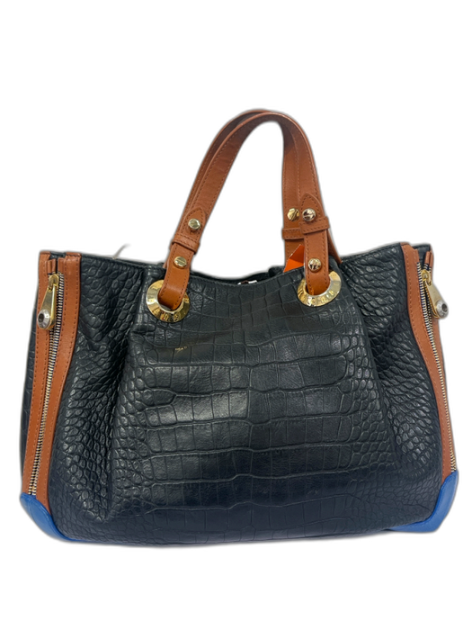 Henri Bendel Black, Brown & Blue Leather Croc Embossed Double Handle Bag Black, Brown & Blue / M