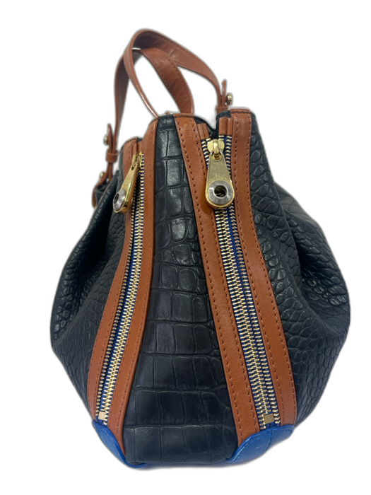 Henri Bendel Black, Brown & Blue Leather Croc Embossed Double Handle Bag Black, Brown & Blue / M