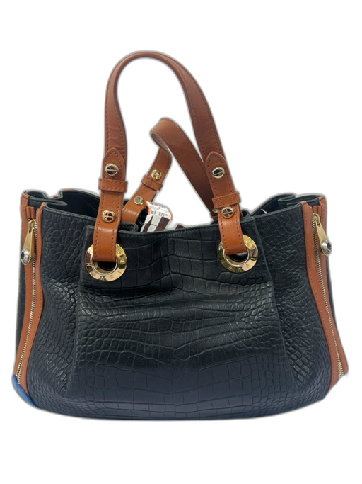 Henri Bendel Black, Brown & Blue Leather Croc Embossed Double Handle Bag Black, Brown & Blue / M