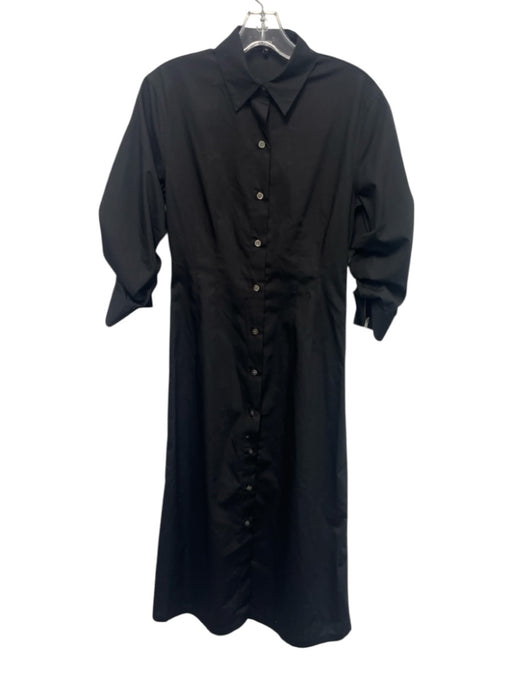 Theory Size 00 Black Cotton Blend Half Sleeve Ruched Button Front Midi Dress Black / 00