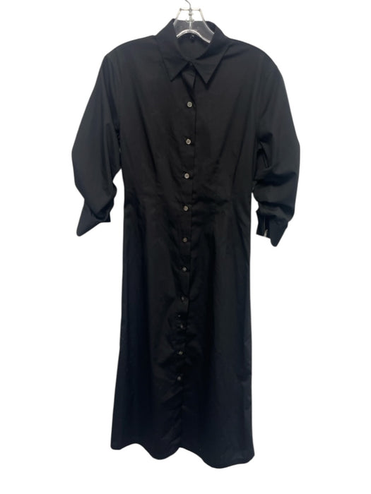 Theory Size 00 Black Cotton Blend Half Sleeve Ruched Button Front Midi Dress Black / 00
