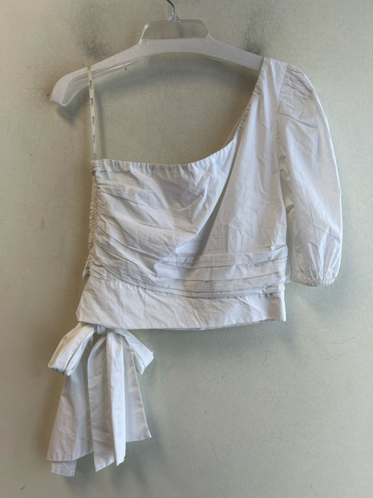 Cleobella Size Large White Cotton One Shoulder Side Zip Half Puff Sleeves Top