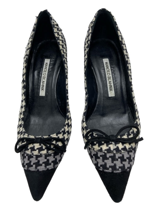 Manolo Blahnik Shoe Size 35.5 Black Gray White Wool Houndstooth Bow Detail Pumps Black Gray White / 35.5