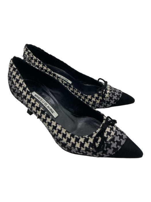 Manolo Blahnik Shoe Size 35.5 Black Gray White Wool Houndstooth Bow Detail Pumps Black Gray White / 35.5